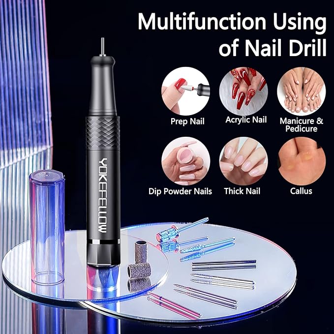 Yokefellow Nail Drill Machine, 40000 RPM Rechargeable & Desktop Portable Engraving Drill for Glass Engraving Pen Tools Grey