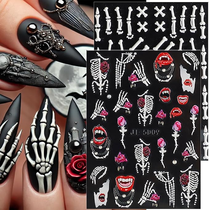 8Sheets Halloween Nail Stickers for Nail Art 5D Embossed Skull Ghost Nail Decals Self-Adhesive Pumpkin Spider Bat Eyes Skeleton Designs Horror Goth Nail Art Stickers for Women DIY Manicure Decoration