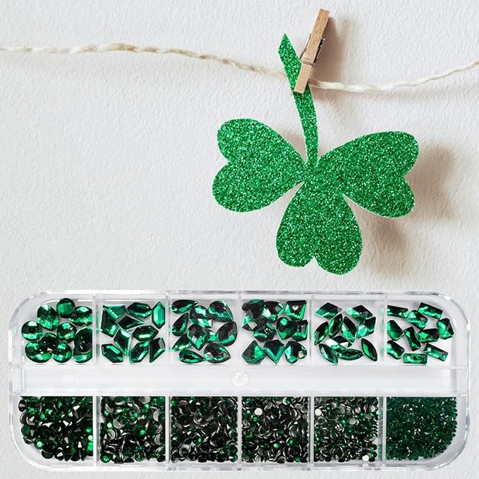 2052Pcs Emerald Green Nail Art Rhinestones Kit Green Nail Charms Multi Shapes Crystal Flatback Rhinestones Big Gems + Round Beads Glass Stones Diamonds jewels for Nails Faces Eyes Makeup Crafts
