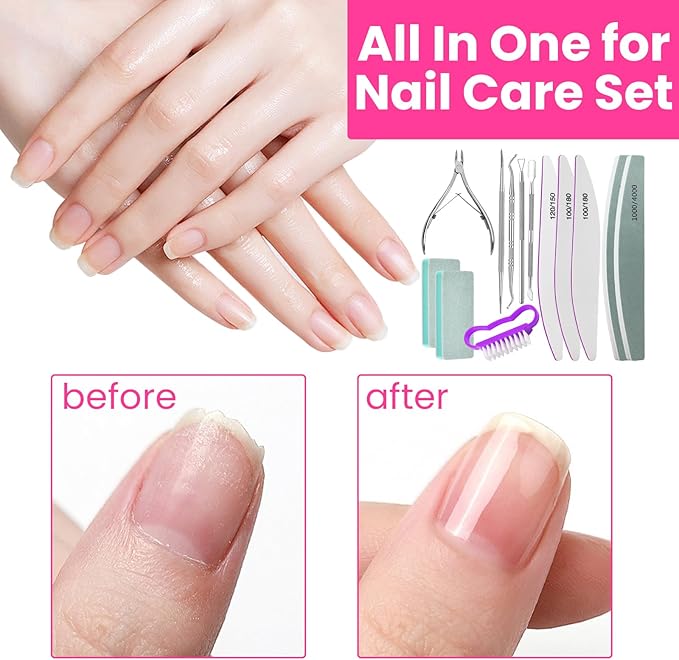 Nail Prep Care Kit with Buffers and Files, Cuticle Nipper Clipper, Ingrown Toenail Corrector, Cuticle Pusher, Cuticle Peeler, Nail Lifter, Dust Brush, Manicure Pedicure Kit Salon Home