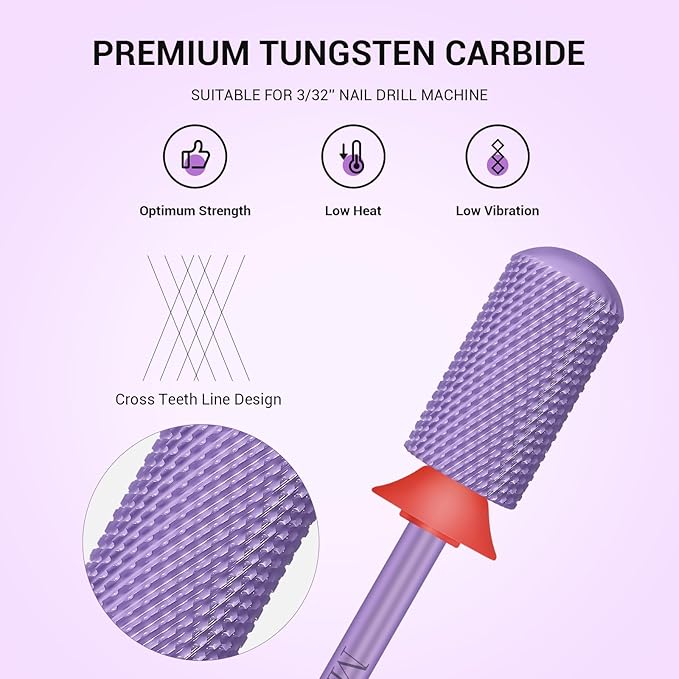 MelodySusie Safety Nail Drill Bits, 3/32'' Smooth Round Top Large Barrel Carbide Bits, Suitable for Manicure Pedicure Cuticle Gel Polishing, Beginners Bits, Purple, Series Bit-S, F
