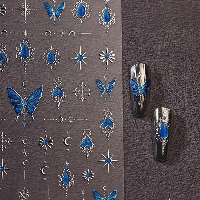 Butterfly Nail Art Stickers Decals Blue Butterfly Nail Decals 5D Embossed Nail Art Supplies Butterflies Star Moon Nail Stickers Shiny Nail Accessories for Women Girls Spring Summer Nail Art Decoration