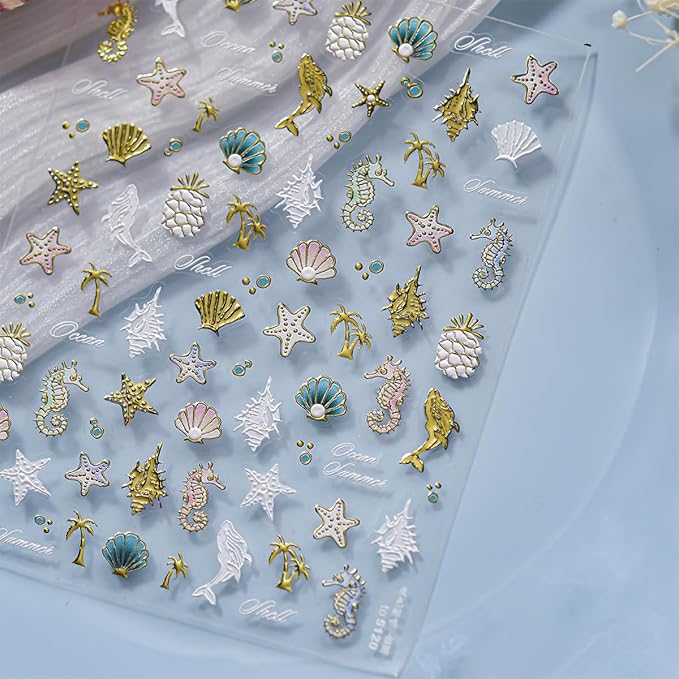 5D Embossed Seashell Nail Art Sticker with Pearl Shell Design Summer Nail Stickers Ocean Starfish Dolphin Seahorse Nail Decals Gold Conch Coconut Tree Stickers for Women Nails Supplies Decor 1Pcs