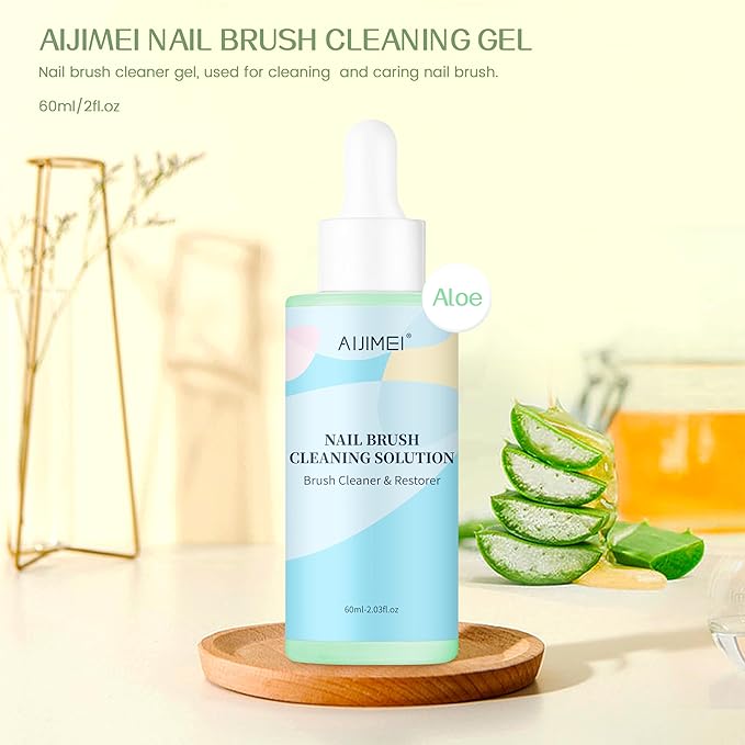 AIJIMEI Acrylic Nail Brush Cleaner Gel, Nail Brush Cleaning Solution Cleaner Restorer for Any Nail Art Brush Rapid Clean Brush Cleaner for Nails (60ml/2fl.oz-Aloe)