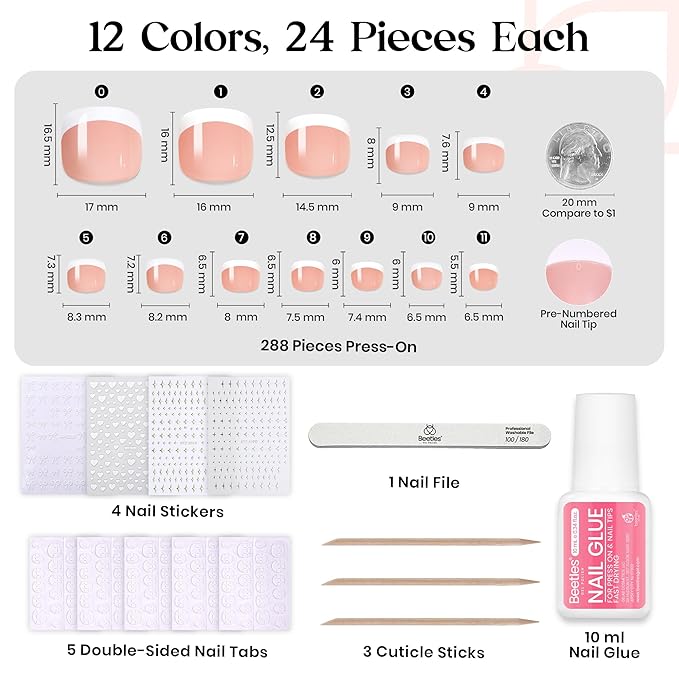 Beetles Toe Nail Press ons Kit 288Pcs 12 Colors, Press on Toenails Short Squaval Glossy Glitter With Nail Glue & Nail Tabs Stickers, Natural Fit Lightweight Fake ToeNails Nail Art For Women Girls