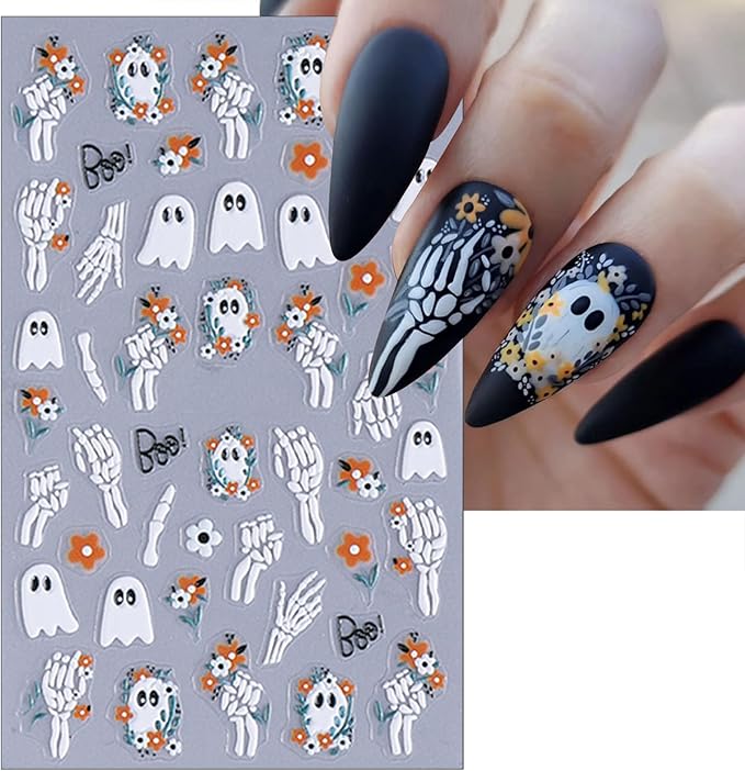 Halloween Nail Art Stickers 5D Self-Adhesive Mummy Spider Web Scary Black Spider Pumpkin Nail Stickers Ghost Skeleton Design Nail Decals for Halloween Party DIY Manicure Decorations 3 Sheets