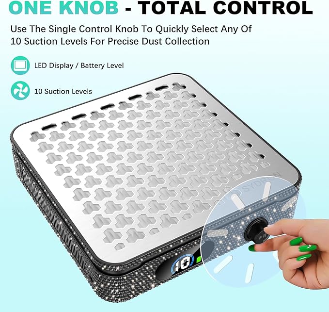 Nail Dust Collector | 1000PA Nail Dust Collector Quiet | 10 Speed Levels | Low Noise & Strong Suction | Reusable Filter, 10 Pads + Nail Dust Brush | for Acrylic Nails, Salon & Home - Black Diamond