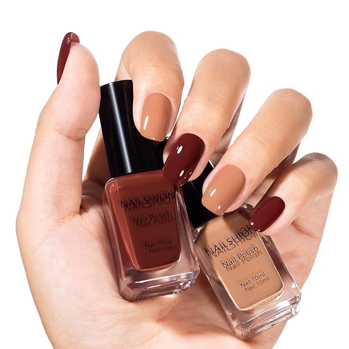 Chocolate Brown Nail Polish, 2 Colors Mocha Mousse Fall Winter Nail Polish Duo Non-Gel, Opaque, Fast Drying, Streak Free & Long Lasting Glossy Nail Art Gift for Women
