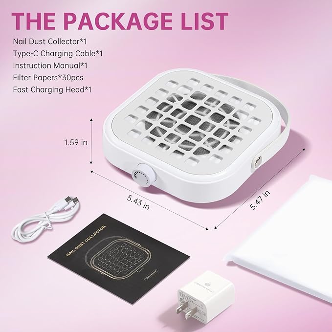 Nail Dust Collector, Compact 6000RPM Powerful Vacuum Fan Vent Dust Collector Extractor Dust Suction Machine for Acrylic Nails Polishing, White
