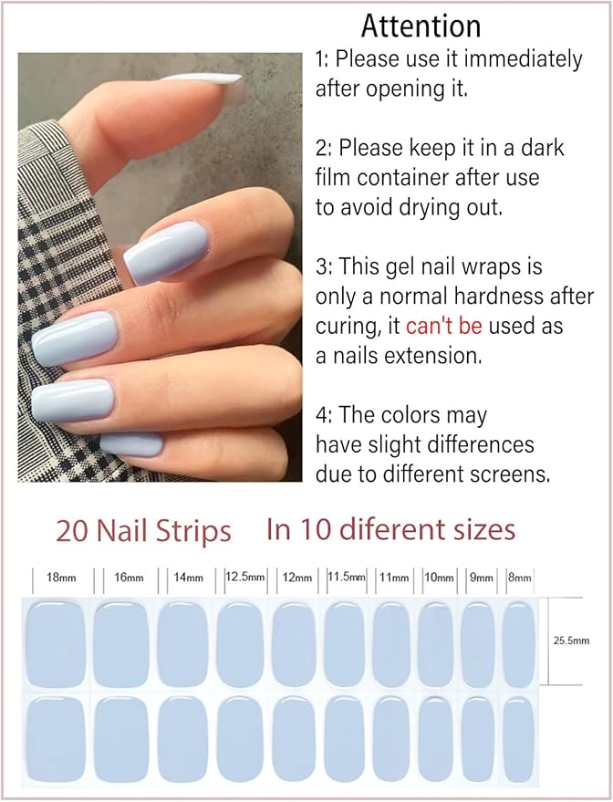 Semi Cured Gel Nail Strips, 20pcs Baby Blue Gel Nail Stickers UV for Home Nails DIY