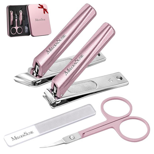 MelodySusie Nail Clippers Set 4 in 1, Ultra Sharp Toenail Clippers with Glass Nail File Cuticle Scissors, Stainless Steel Nail Clippers for Women, Fingernail Clipper Cutter Manicure Set Gifts, Pink