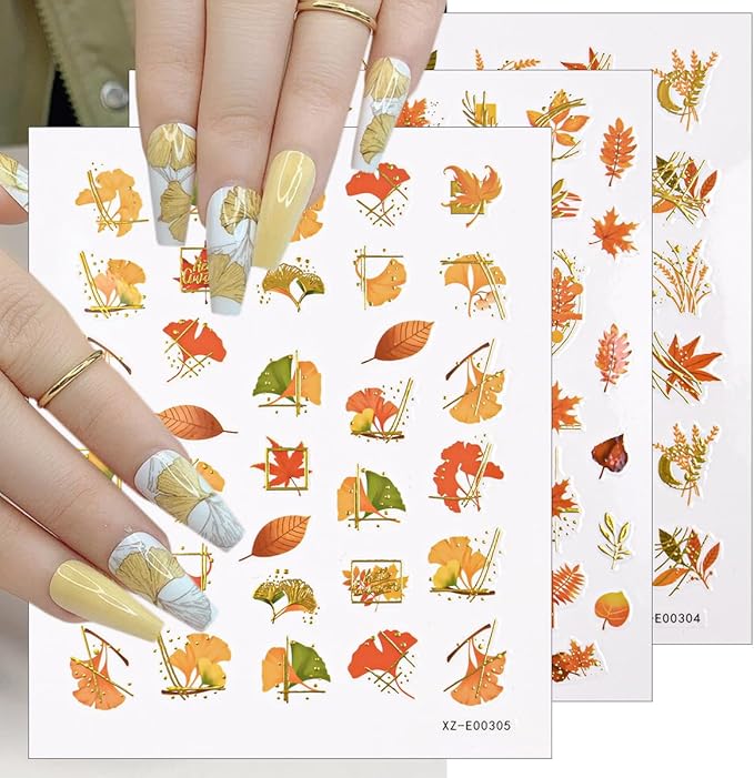 6 Sheets Gold Fall Nail Stickers Autumn Maple Leaf Nail Decals Cute Pumpkin Fox Ginkgo Fallen Leaves Nails Designs 3D Self-Adhesive Thanksgiving Nails Art Supplies for Women DIY Manicure Decorations