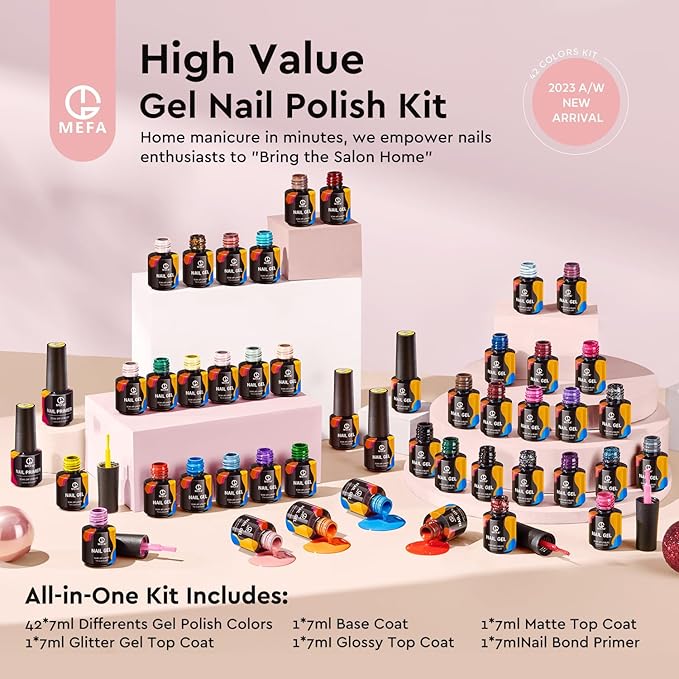 MEFA 47 PCS Gel Nail Polish Kit, 42 Colors All Seasons Collection Nude Pink White Colorful Gel Polish Set with 5 Pcs Base and Glossy/Matte/Glitter Top Coat DIY Manicure Art at Home Gifts for Women