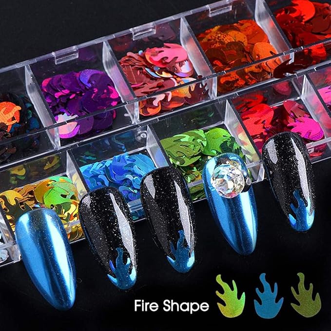 12 Colors Fire Glitter Sequins Shape Flakes Nail Art Designs Stickers Laser 3D Glitters Decor Women Girls Holographic Nail Accessories Shine Decorations