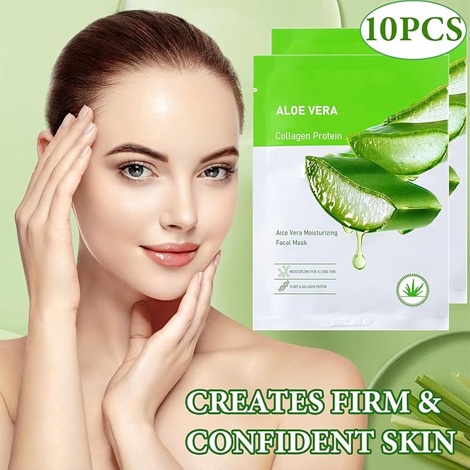 Aloe Vera Soothing Face Mask Hydrating,Moisturizing Long Lasting Facial Sheet Mask for All Skin Types,Soft Aloe Face Masks for Dry Skin,Pack of 10