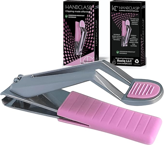 Nail Clippers for Women, Fingernails, Premium Stainless Steel, Ultra Sharp Curved Edge, Wide Jaw, Ergonomic, Thumb Rest for Comfort, Special Needs, Arthritis Friendly Grip, Pink, Stylish
