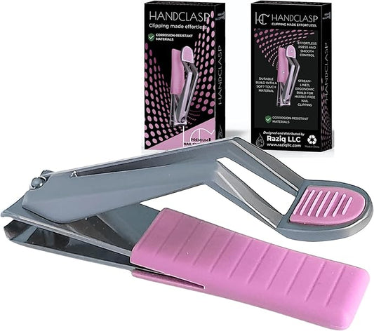 Nail Clippers for Women, Fingernails, Premium Stainless Steel, Ultra Sharp Curved Edge, Wide Jaw, Ergonomic, Thumb Rest for Comfort, Special Needs, Arthritis Friendly Grip, Pink, Stylish