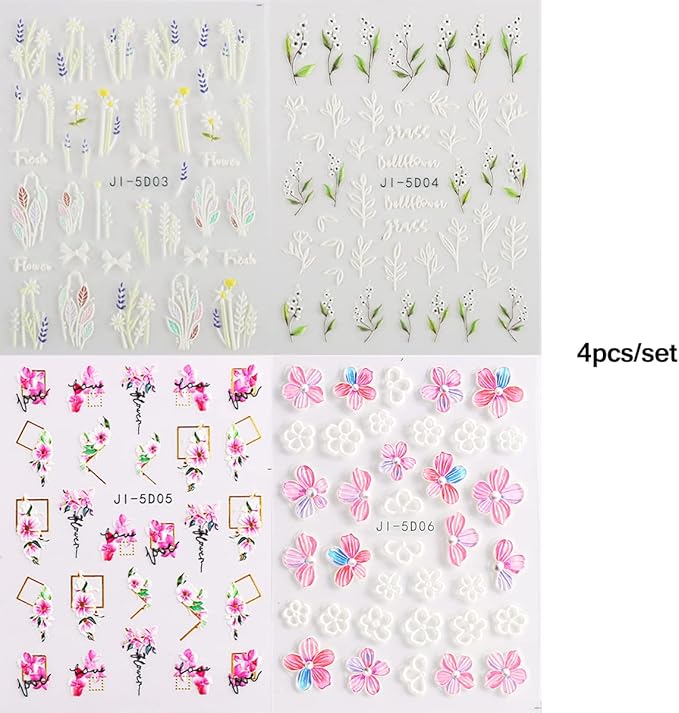 5D Nail Art Stickers 4 Sheets Pink Flowers Geometric Lines Decor Acrylic Embossed Sliders Gold Strips Decals Charms Cherry Blossom Manicure Accessories