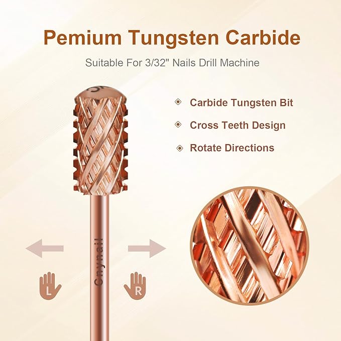 3/32" Large Barrel Smooth Round Top Tungsten Carbide Nail Drill Bit Safety Bit for Gel & Acrylic Removal, 2-Way Rotating Efile Tip, Salon Electric File Accessory (4XC Grit, Rose Gold)