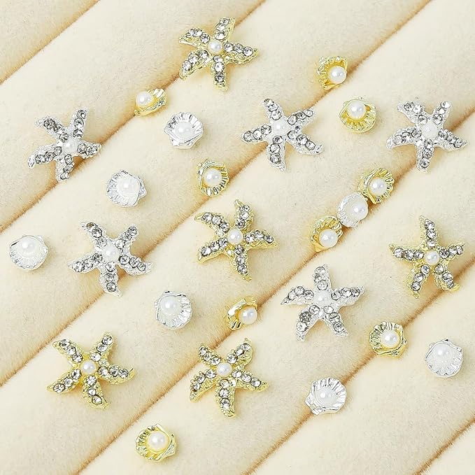 24Pcs Gold Silver 3D Mixed Color Starfish Nail Charms Alloy Summer Beach Nail Art Rhinestones Pearl Metallic Shell Nail Jewelry Ocean Theme Starfish Sea Series Nail Supplies Manicure Gems for Women