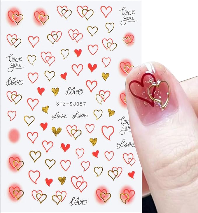 6pcs Valentine's Day Nail Art Stickers 3D Heart Shape Self-Adhesive Cute Bear White Red Pink Love Heart Design Nail Decals Gold Curve Design Nail Decals Suitable for Women Girls Nail Art Decoration