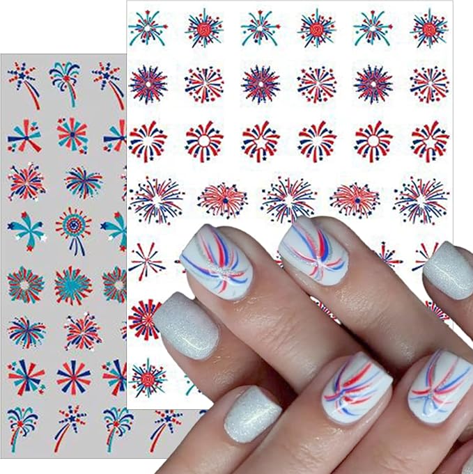 3Sheets Independence Day Colorful Firework Nail Art Stickers 4th of July Embossed Nail Art Decals Design,Holographic Patriotic Starry Sky Sparkling Fireworks for Women Memorial Day Manicure Decoration