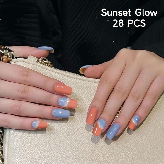Semi Cured Gel Nail Strips | 28 pcs Gel Nails Strips for Women Work with Any UV Lamp, UV Nail Stickers for Women Home DIY Nails Art (Sunset Glow)