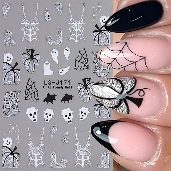 6 Sheets Cute Halloween Nail Art Stickers Evil Pumpkin Ghost Nail Stickers 3D Self-Adhesive Goth Skeleton Spider Web Bat Nail Decals Gothic Halloween Nail Decorations for Acrylic Nail Supplies