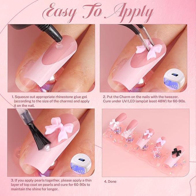 Chunky Nail Charms and Gems Set 1, Girly Coquette Nail Charms + Assorted Pearl Bows Heart Star Moon + Cute 3D Flowers for Nails + Pink & White Flatback Pearls with Pickup Tool for Kawaii Nail Design