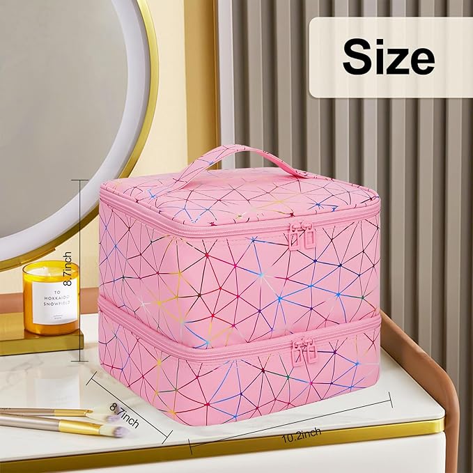 Ethereal Small Nail Polish Organizer Case Holds 32+ Bottles(15ml/0.5fl.oz) and Nail Lamp, Double Layer Nail Polish Storage Bag for Nail Kit, Manicure Tools, Diamond Pink