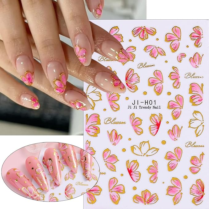 6Sheets Flower Nails Art Stickers Pink Cherry Blossom Nail Decals Butterfly Rose Nail Stickers Spring Summer Floral Design Sticker Cute Lily Flowers Nails Supplies Decorations for Women DIY Manicure