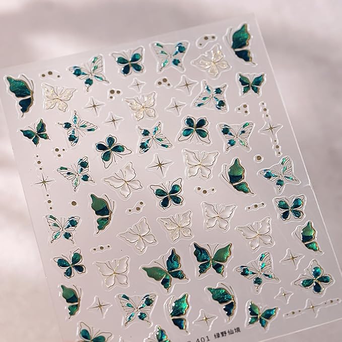 Butterfly Nail Stickers for Acrylic,5D Embossed Nail Art Stickers Self Adhesive Green Butterfly Nails Decals Gold Edge Butterflies Nails Supplies Crystal Jelly Designs for Women Spring Manicure