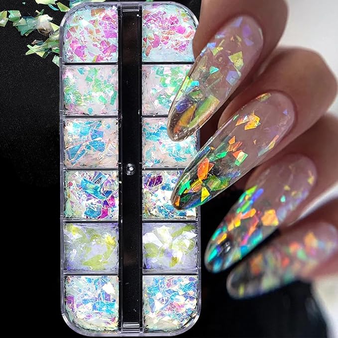 12 Colors Holographic Chrome Nail Art Glitter Sequins Iridescent Ice Slag Chunky Nail Glitter Flakes Mermaid Nail Sequins Colorful Fluorescent Glass Paper Nail Art Decoration for Face Hand Body DIY
