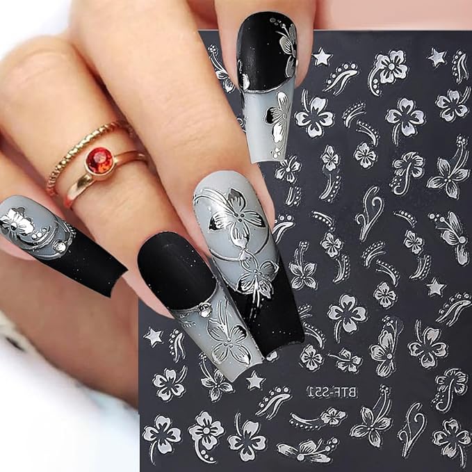 6 Sheets Flower Nail Stickers for Nail Stickers,Self Adhesive Hibiscus Nail Art Stickers 3D Pink White Silver Gold Flower Nail Design Stickers Summer Floral Nail Decals for Women Girls Nail Supplies