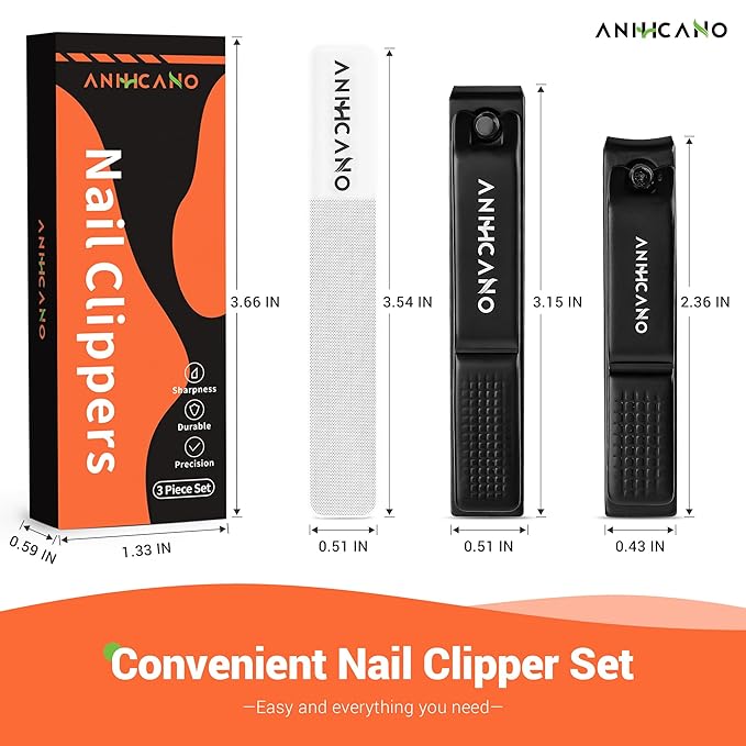 Nail Clippers with Glass Nail File, Ultra Sharp Nail Clipper Set, Professional Fingernail & Toenail Clippers Nail Cutter for Men and Women (Black)