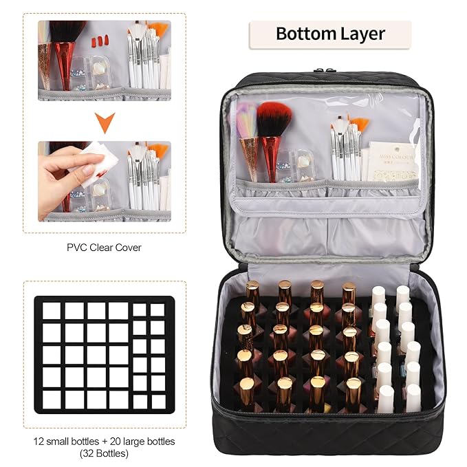 Ethereal Small Nail Polish Organizer Case Holds 32+ Bottles(15ml/0.5fl.oz) and Nail Lamp, Double Layer Nail Polish Storage Bag for Nail Kit, Manicure Tools, Black