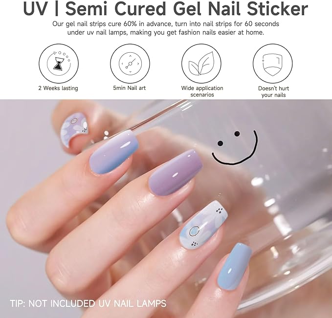 28pcs Semi Cured Gel Nail Strips, Gel Nail Stickers Kit Work with Any UV Lamps, Long Lasting Nails Wraps for Women, Easy to Use and Remove (Camellia Sea)