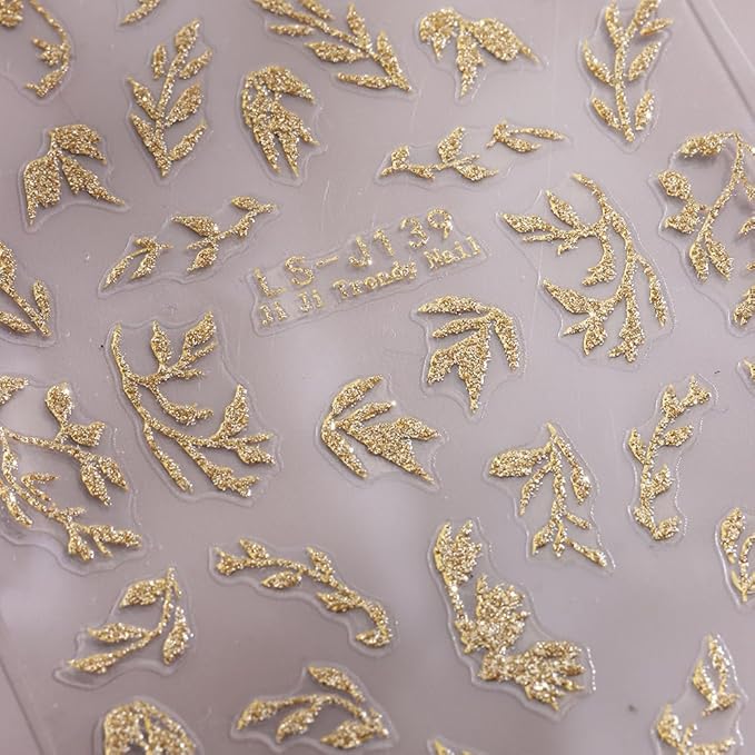 New Chinese Style Nail Stickers - Gold Foil Glitter Golden Branches Jade Leaves Design, Self-Adhesive Nail Art Decals A Set of 1 Sheets