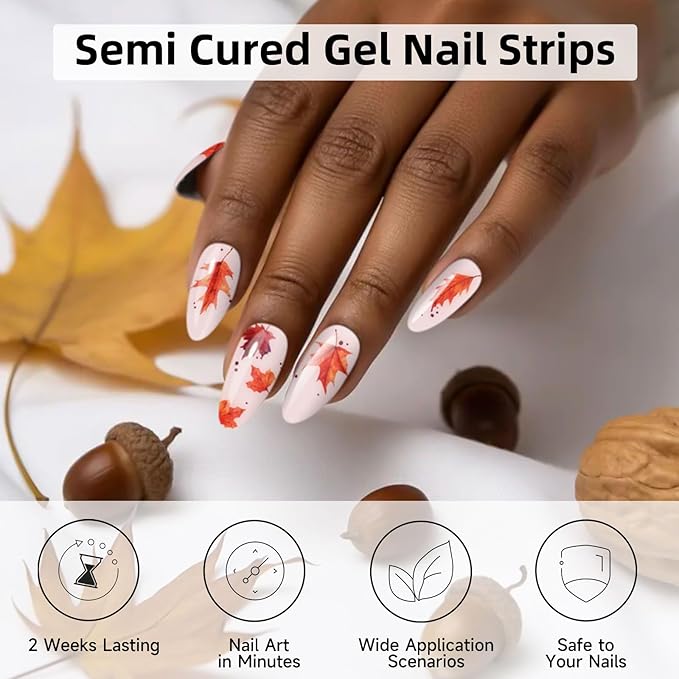 Semi Cured Gel Nail Strips, 28 pcs Nail Polish Strips Autumn Work with Any UV Lamps, Fall Nail Wraps for Women, Salon-Quality Gel Nail Polish Stickers (Maple Leaf)