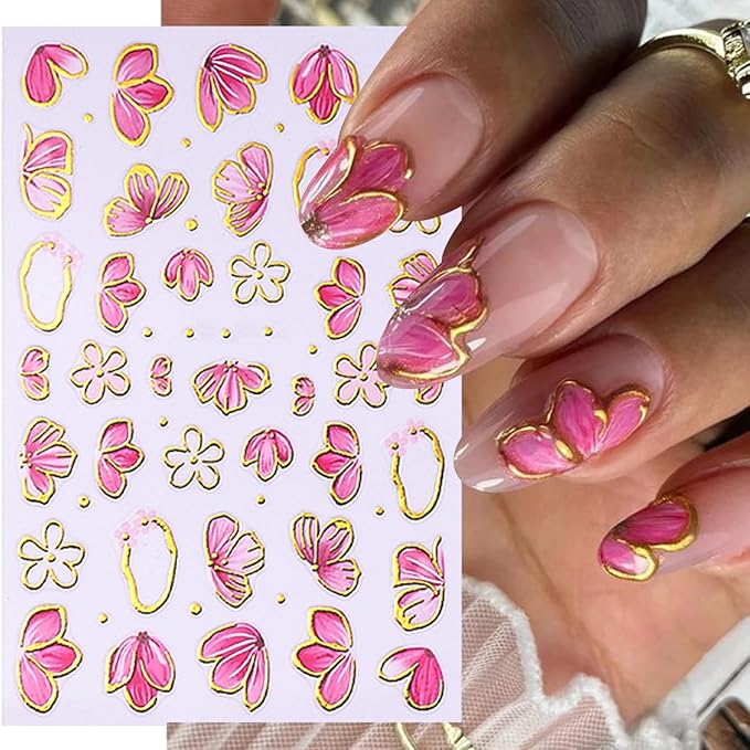 6 Sheets Pink Flower Nail Stickers for Nail Art Cherry Blossom Petals Nail Art Stickers Golden Edge with Pink Floral Blossom Design Spring Summer Nail Decals Nail Supplies for Women Acrylic Manicure