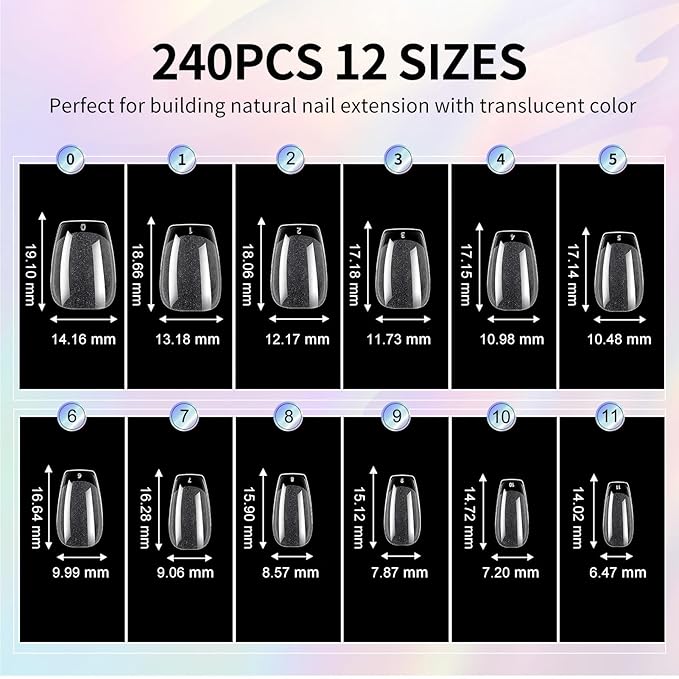 Extra Short Coffin Nail Tips, 240Pcs Soft Gel Nails, Half Matte Full Cover False Nail Tips for Nail Extension, Manicure, Home DIY, Salon, 12 Sizes, Pre-Shaped Acrylic Gelly Nails