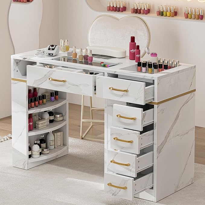 Nail Tech Table with Dust Collector, Glass Top Manicure Table Nail Desk Station w/7 Drawers & 3-Tiers Open Shelves, Nail Beauty Workstation w/Wrist Cushion & Golden Handles（Marble Color）