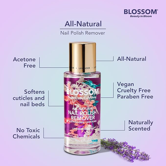 Blossom Non Toxic Nail Polish Remover Non Acetone, All Natural Scented, Vegan, Acetone Free Nail Polish Remover, Organic Plant-Based, Infused with Real Flowers, Made in USA, 2oz, Lavender