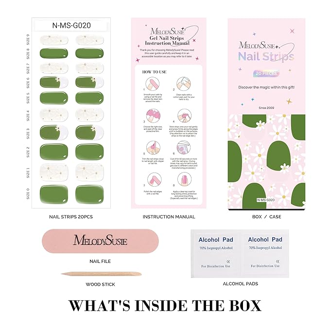 MelodySusie Semi Cured Gel Nail Strips, 20 PCS Gel Nail Stickers, UV Light Required, Durable and Salon Quality (Spring Flower)