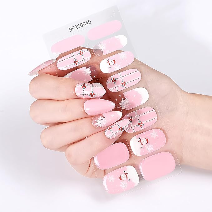 Christmas Semi Cured Gel Nail Strips, 16 Pcs Winter Xmas Gel Nail Stickers Snowman Snowflake Designs Pink Wraps for UV/Led Manicure Lamp Nails Art Decorations