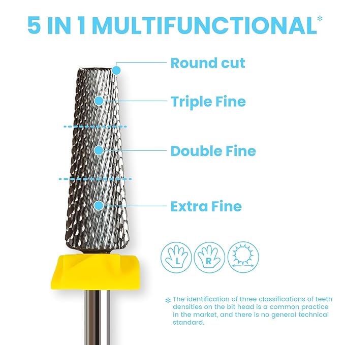 16mm 5 in 1 Tapered Barrel Nail Drill Bits, 3/32'' Safety Tungsten Carbide Bits, Right & Left Rotation, Manicure Cuticle Gel Acrylic Removal Polishing, Technicians Bits, Extra Fine.