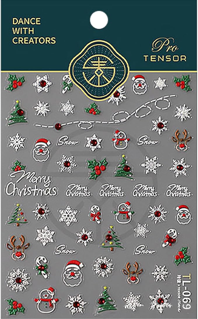 Christmas Nail Art Stickers Decals 5D Embossed Cute Santa Claus Snowman Nail Stickers Self-Adhesive Winter Snowflake Nail Decal with Red Rhinestones Charms Designs Nail Sticker for Women Nails Decor