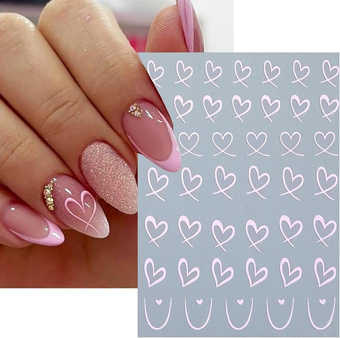 6Pcs Heart Nail Stickers for Nail Art Love Hearts Nail Decals Hollow Love 3D Nail Art French Sticker Self-Adhesive Slider Kawaii Heart-Shaped Manicure Decals Nail Tip for Women Valentine Gift