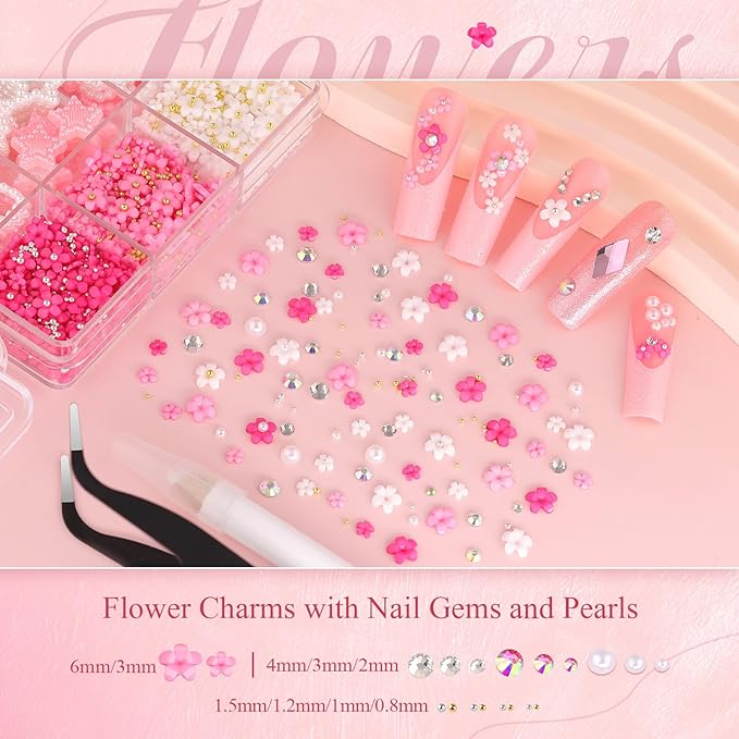Chunky Nail Charms and Gems Set 4 with Rhinestone Glue, Girly Coquette Nail Charms + Assorted Pearl Bows Heart Star Moon + Cute 3D Flowers for Nails + Flatback Crystals & Pearls for Kawaii Nail Design