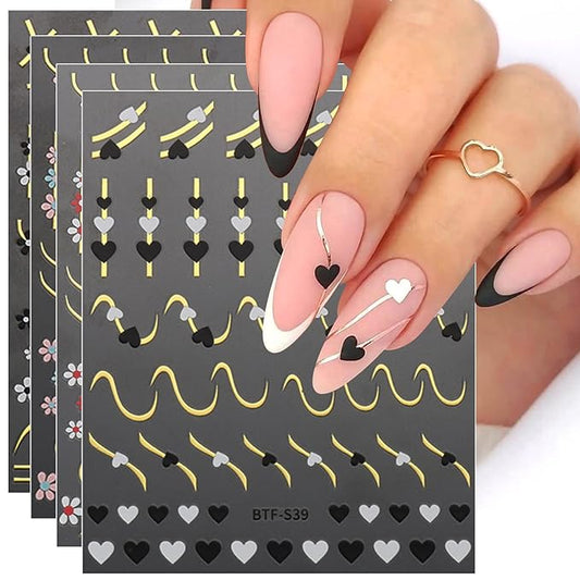 JMEOWIO 9 Sheets Heart Line Flower Nail Art Stickers Decals Self-Adhesive Pegatinas Uñas Colorful Nail Supplies Nail Art Design Decoration Accessories